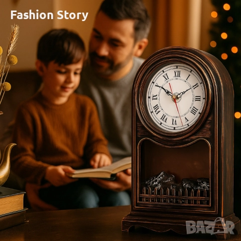 Винтидж настолен часовник с LED камина – уют и стил в едно, снимка 4 - Стенни часовници - 51925429