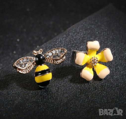 Асиметрични обеци Пчела и Цвете, снимка 1 - Обеци - 39865796