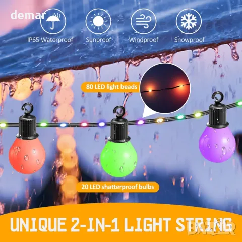 IRISECO 12,5м цветни външни крушки, Водоустойчиви Festoon светлини, 100LED+20 крушки, 12 режима USB, снимка 4 - Други - 47527308