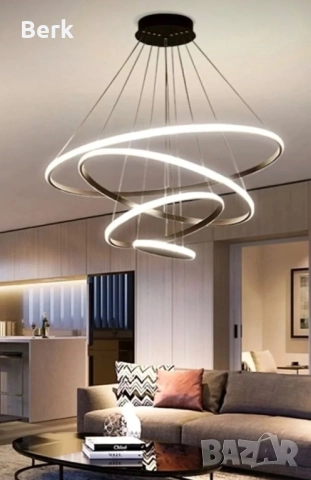 Луксозен LED полилей с 4 ринга 90 W черен корпус, снимка 2 - Лампи за таван - 52896676