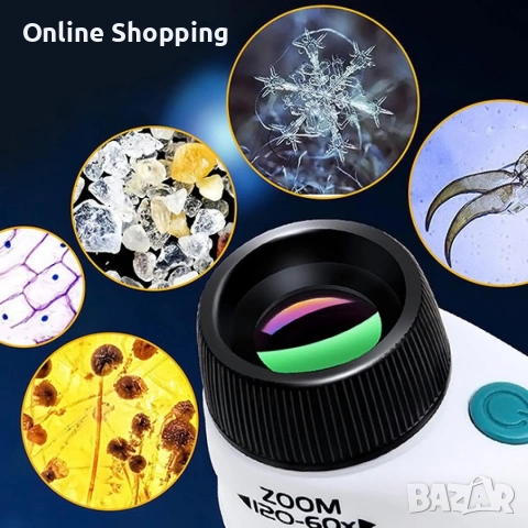 Детски преносим микроскоп с LED светлина, 60x-120x увеличение и стойка за смартфон, снимка 4 - Други - 53326910