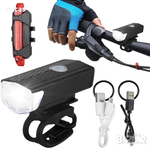 Комплект LED светлини за велосипед колело предна и задна, USB R-7188, снимка 2 - Аксесоари за велосипеди - 44750246
