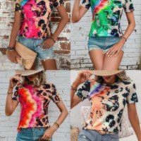 Дамска тениска с кръгло деколте и къс ръкав с леопардов принт, 4цвята , снимка 1 - Тениски - 41497389
