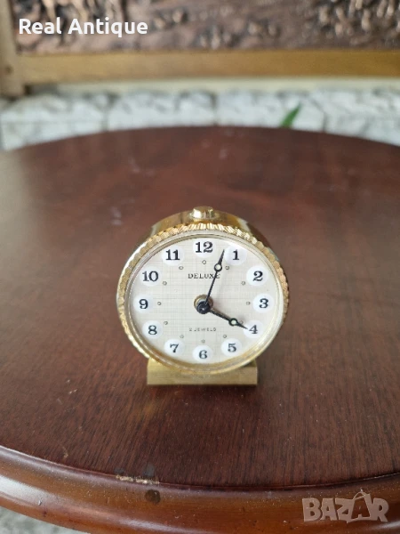 Рядък антикварен колекционерски бронзов мини механичен будилник Deluxe , снимка 1