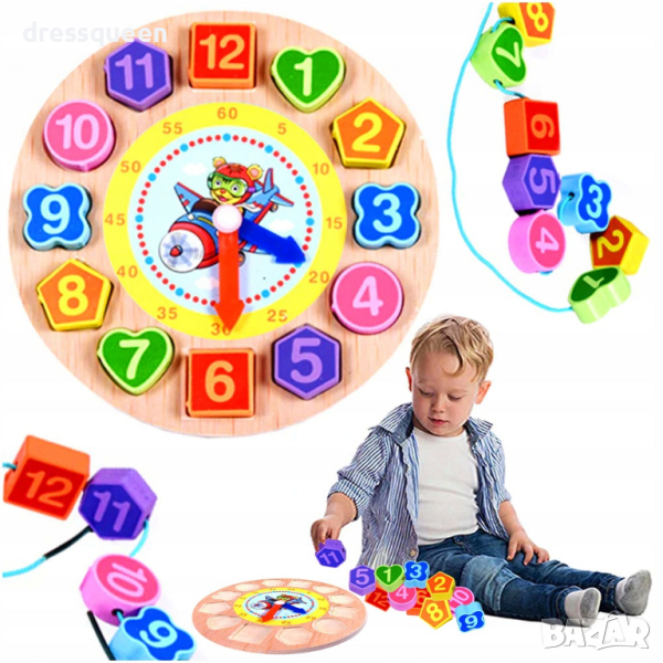 3475 Дървен часовник сортер - Цветове и форми, снимка 1