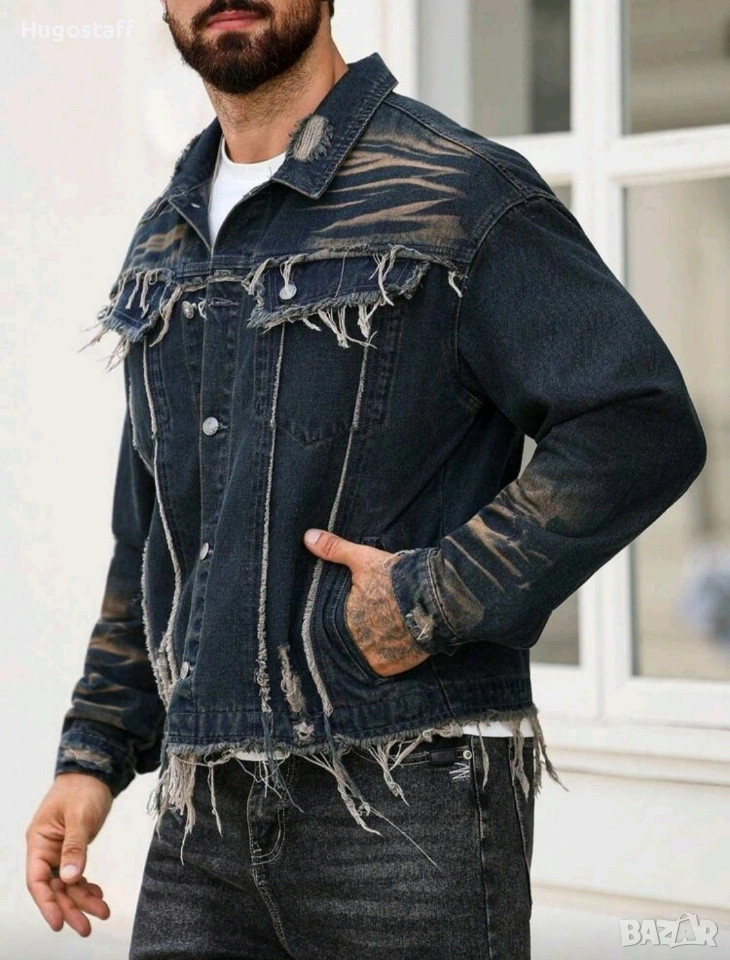 Ново мъжко карго дънково яке риза Street Style накъсан вид овърсайз изтъркано деним памук ХХЛ, снимка 1