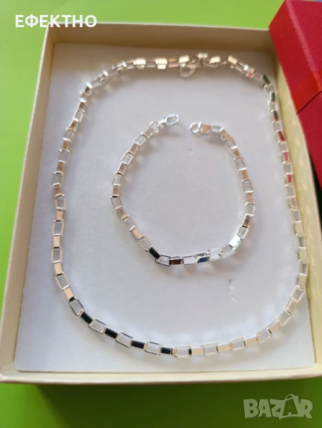 Чисто нов, масивен и дълъг сребърен комплект-ланец и гривна, снимка 1