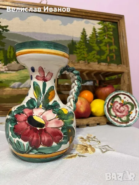 Винтидж Италианска ваза и чинийка майолика. Ръчно рисувани.Отлично състояние., снимка 1