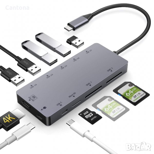 USB C HUB 11 в 1,  EXSYS EX-1221HM, HDMI 4K, Type C, 3.5mm Audio, PD 100W, 3xUSB2.0,2xUSB3.0, Double, снимка 1