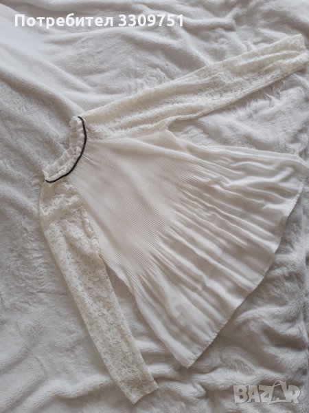 Плисирана бяла блуза с дълъг ръкав, снимка 1