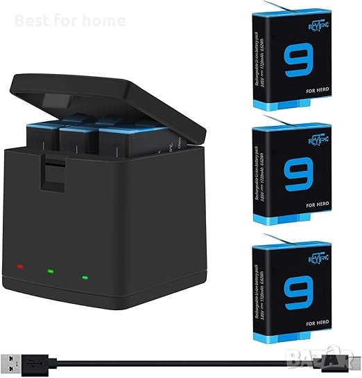 REYTRIC Hero 9/10/11/12 Батерии, комплект от 3 броя и 3-канално зарядно, съвместими с GoPro Hero 9, , снимка 1