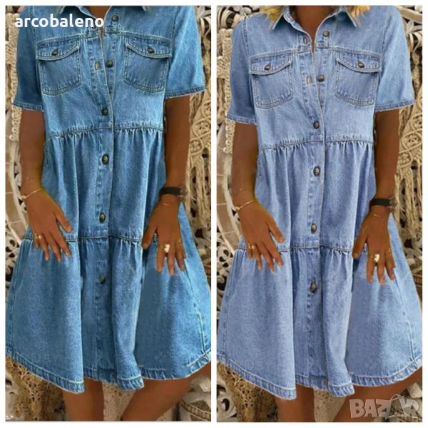 Нова дамска рокля със средна дължина с копчета и къс ръкав с ревер, 2цвята , снимка 1