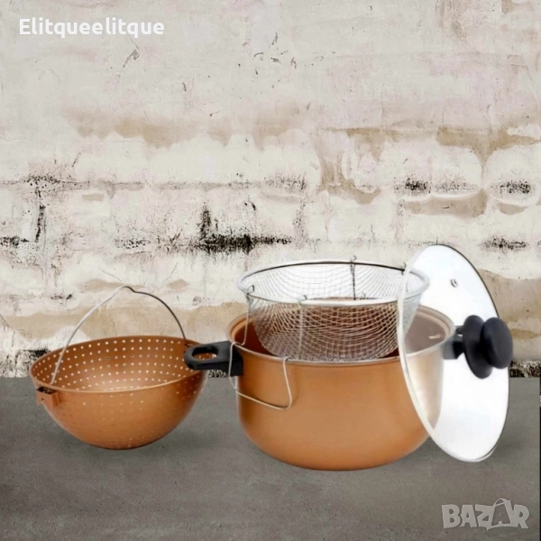 Тенджера с гевгир и кошница за пържене Voltz, 24*12.5см., Меден\въгл. стомана с незалеп. покр., снимка 1