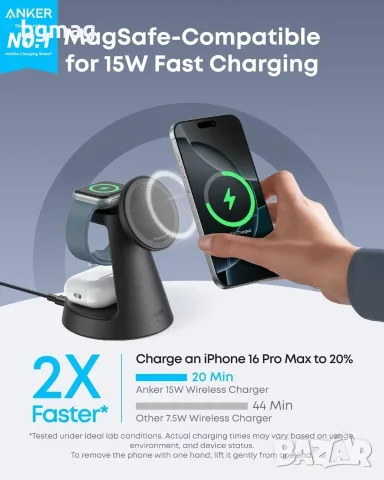 Anker Ultra Compact 3-in-1 Qi2 Wireless Charging Stand-безжично зарядно-стойка за телефон и Apple , снимка 2 - Безжични зарядни - 56062626