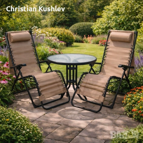 Комплект за релаксация на открито: 2 сгъваеми шезлонга с нулева гравитация CHAIR3 и стилна масичка з, снимка 5 - Други - 53275106