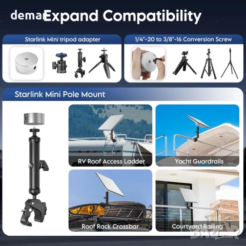 Комплект за монтаж на стълб XLTTYWL 2025 Starlink Mini с резба 1/4"-20 и 3/8"-16 и регулируема скоба, снимка 5 - Друга електроника - 51339875