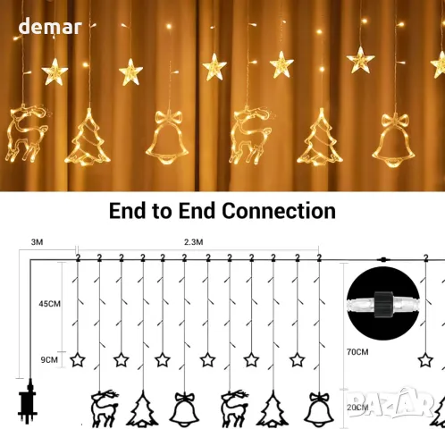 Приказни светлини за завеси GlobaLink, 2,3 метра, 138 LED, 8 режима, снимка 5 - Декорация за дома - 48168065