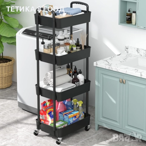 Количка с колела, 4 рафта, 39 x 29 x 104 см, пластмаса/метал, черна, снимка 5 - Етажерки - 52317825