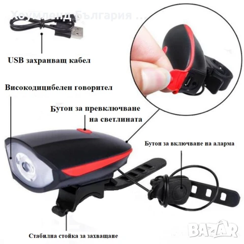 Мощен водоустойчив фар за велосипед с вграден клаксон и презаредима ба, снимка 5 - Аксесоари за велосипеди - 50496492