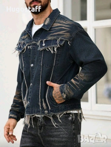Ново мъжко карго дънково яке риза Street Style накъсан вид овърсайз изтъркано деним памук ХХЛ