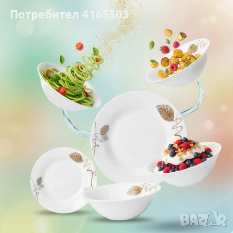 Стил и изтънченост за всяка трапеза - Комплект чинии 24 части с елегантен листен дизайн, снимка 3 - Чинии - 53299833