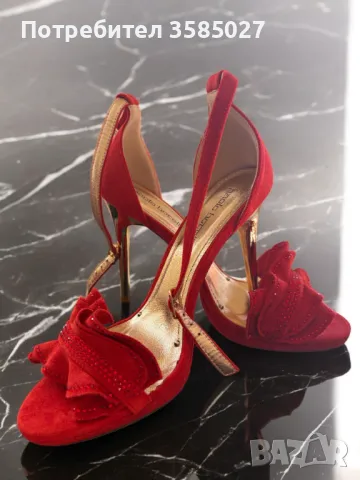 Дамски елегантни червени сандали със златен ток 10 см, 37 номер