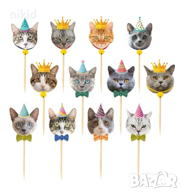 15 бр глава коте котка котки шапка корона топер торта топери клечки за мъфини кексчета парти украса, снимка 4 - Други - 31273494