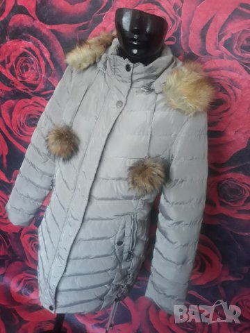 Бежово-сиво дебело зимно яке с естествен пух качулка и топчета ХЛ, снимка 5 - Якета - 35843506