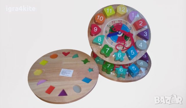 Масивен дървен детски часовник с фигури и връв / Монтесори дървени играчки, снимка 7 - Образователни игри - 38808227