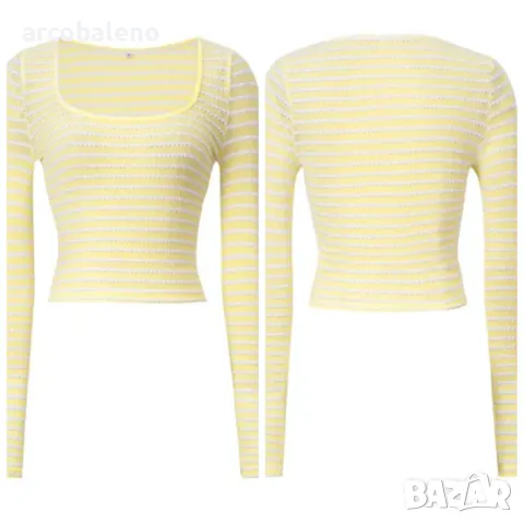 Двуцветна дамска трикотажна тениска с дълги ръкави Y2K Slim Fit U-образно деколте, снимка 4 - Тениски - 48745138