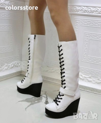 Ботуши на платформа - бяла кожа с черно ходило и черни връзки - 1905