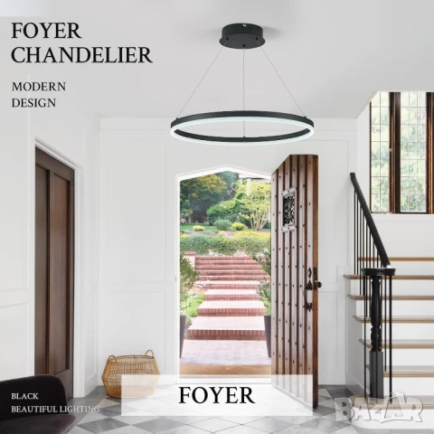 Модерно ЛЕД LED полилей 80см пръстен черен димируем дистанционно №1, снимка 3 - Лампи за таван - 51110539