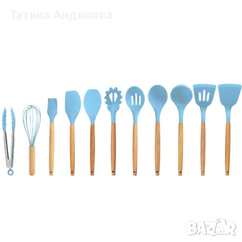 Комплект 12 части кухненски прибори със стойка Cheffinger- силиконови накрайници , дървени дръжки  , снимка 2 - Прибори за хранене, готвене и сервиране - 53413645
