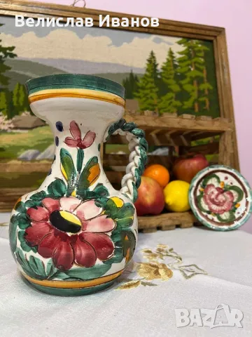 Винтидж Италианска ваза и чинийка майолика. Ръчно рисувани.Отлично състояние.