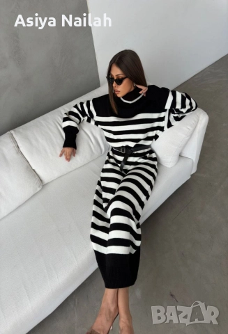 Дамска плетена рокля с поло яка – черно/бяло, снимка 2 - Рокли - 52792448