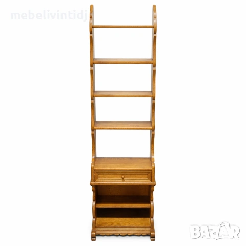 Дървена етажерка с рафтове и чекмедже.