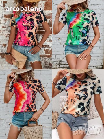 Дамска тениска с кръгло деколте и къс ръкав с леопардов принт, 4цвята , снимка 1 - Тениски - 41497389