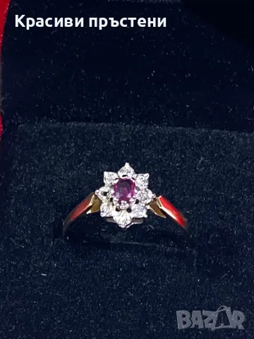 Златен пръстен с 8 диаманта/брилянта и 1 рубин, снимка 6 - Пръстени - 50181981