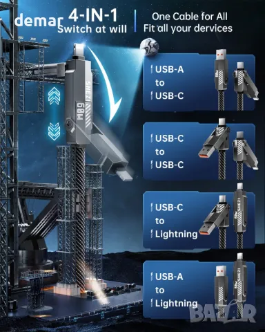 SHEZI 4 в 1 кабел за зареждане/данни с Lightning/Type C/USB A порт, 3 метра, снимка 2 - Друга електроника - 49289591
