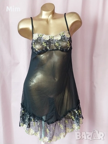 S Черна ефирна нощница с бродерия , снимка 6 - Нощници - 53752091