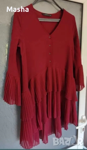 Бордо плисирана туника ZARA размер S, снимка 3 - Рокли - 52354698