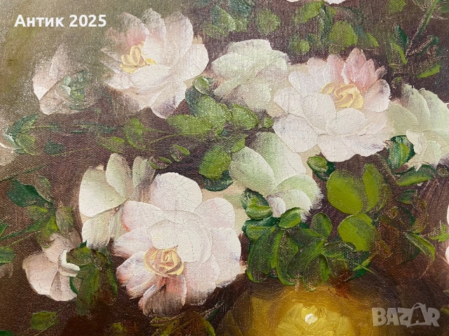 Бели рози в златна ваза (Irene Lok), снимка 5 - Антикварни и старинни предмети - 52051717