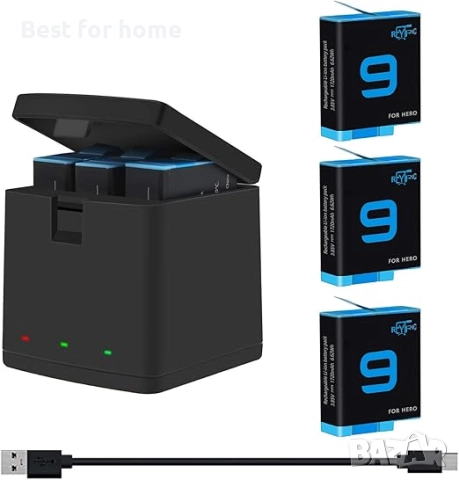 REYTRIC Hero 9/10/11/12 Батерии, комплект от 3 броя и 3-канално зарядно, съвместими с GoPro Hero 9, 