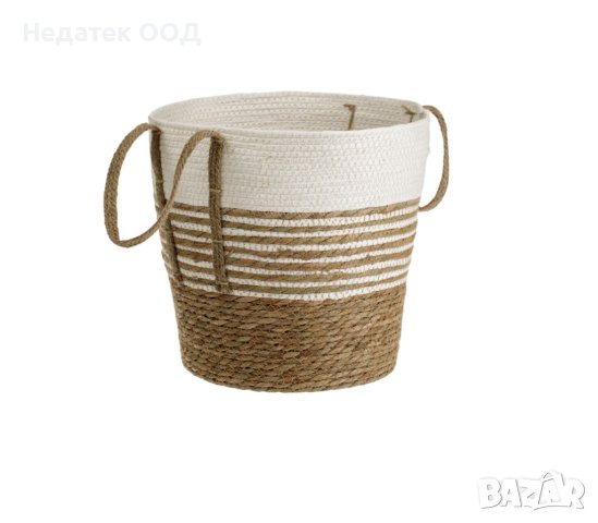 Кошница плетена, бежово, на райе с дръжки, 33х33см