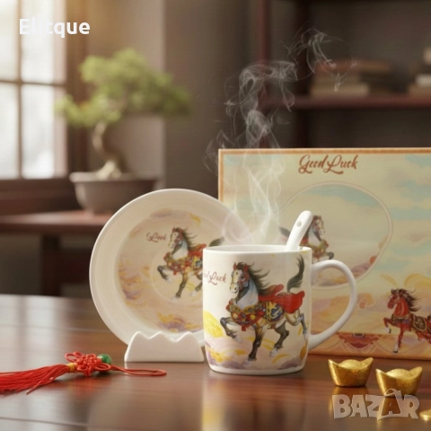 Подаръчен късметлийски порцеланов комплект – чаша, чинийка и лъжичка с празничен дизайн на коне, снимка 4 - Други - 52571520