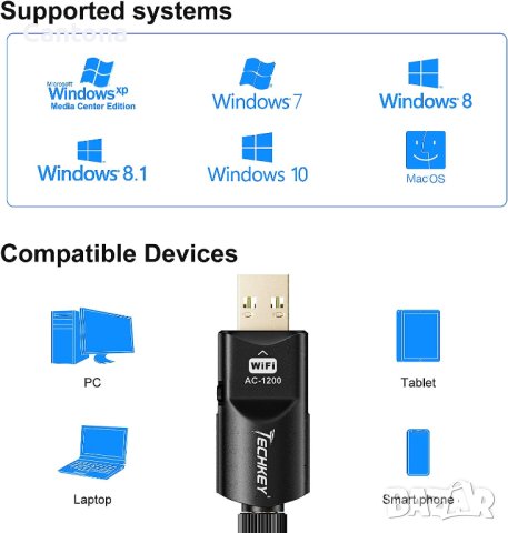 Мрежови адаптер Techkey AC1200, 1200 Mbps,Dual band, Wireless-AC, USB, 6dBi, снимка 5 - Мрежови адаптери - 40257247