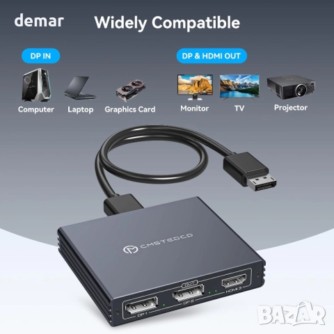 VEDINDUST DisplayPort сплитер 1 вход/3 изхода DP към HDMI и двоен DP, снимка 5 - Кабели и адаптери - 52846563