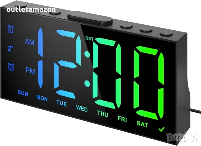 LIORQUE Будилник за нощно шкафче, цифров будилник с 8 цвята голям LED дисплей