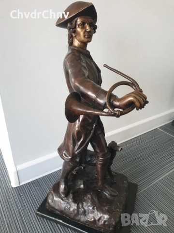 65см-12кг статуетка/стара английска бронзова скулптура/голяма фигура на ловец с куче, снимка 4 - Статуетки - 52755927