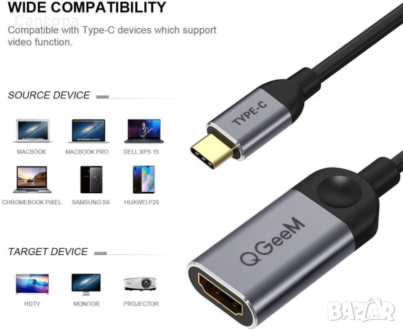 Адаптер QGeeM, USB-C мъжки - HDMI 4K женски, снимка 2 - Кабели и адаптери - 36038770